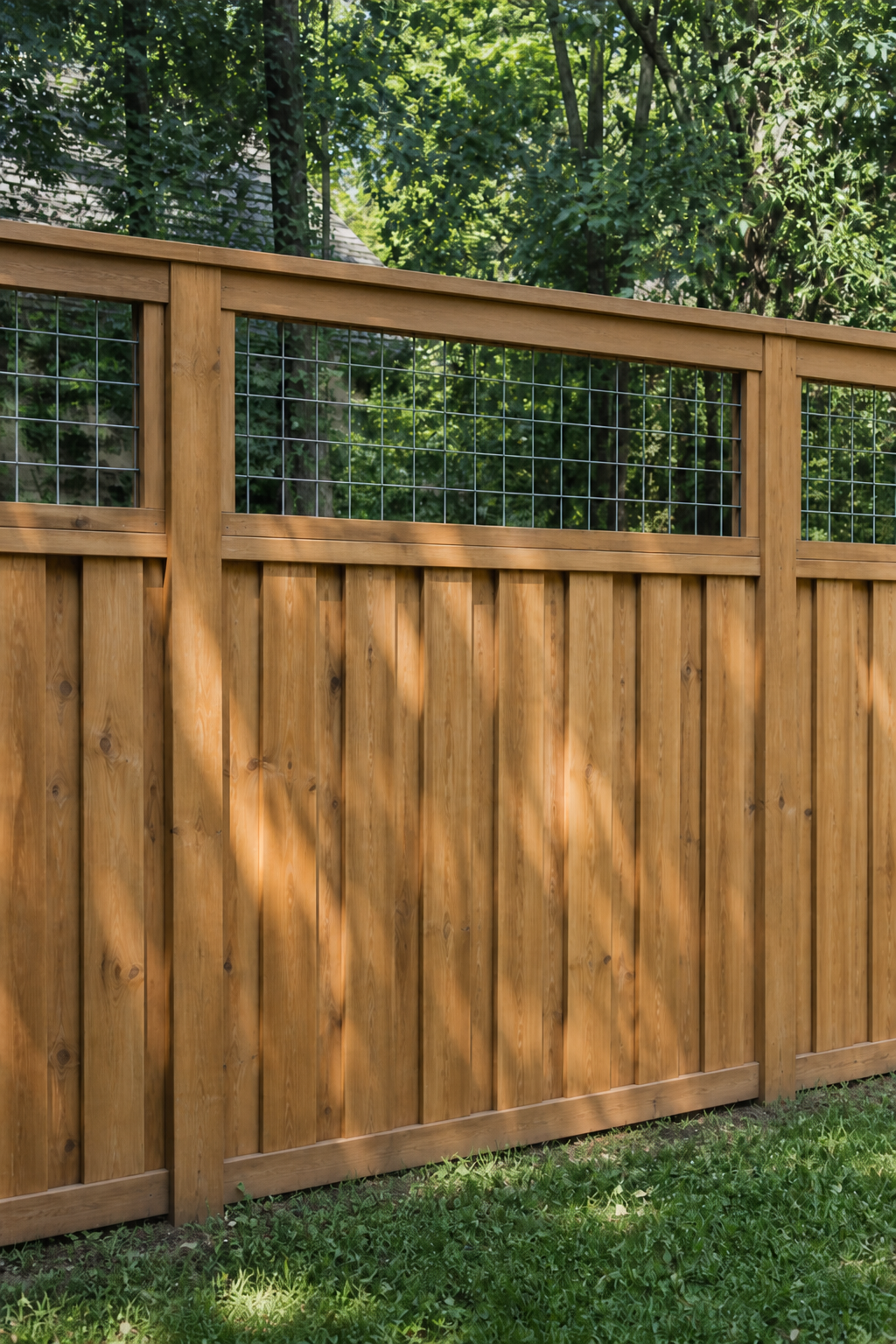 Hybrid fence with wood privacy and wire top